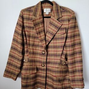 EMANUEL UNGARO Vintage Taupe Green Orange Plaid Wool Blazer Jacket  Sz 12 48
